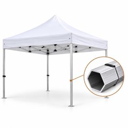 Barnum pliant FREQUENS 3 × 3 m blanc, structure aluminium dépliée, vue de trois quarts