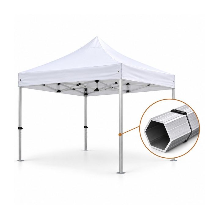 Barnum pliant FREQUENS 3 × 3 m blanc, structure aluminium dépliée, vue de trois quarts